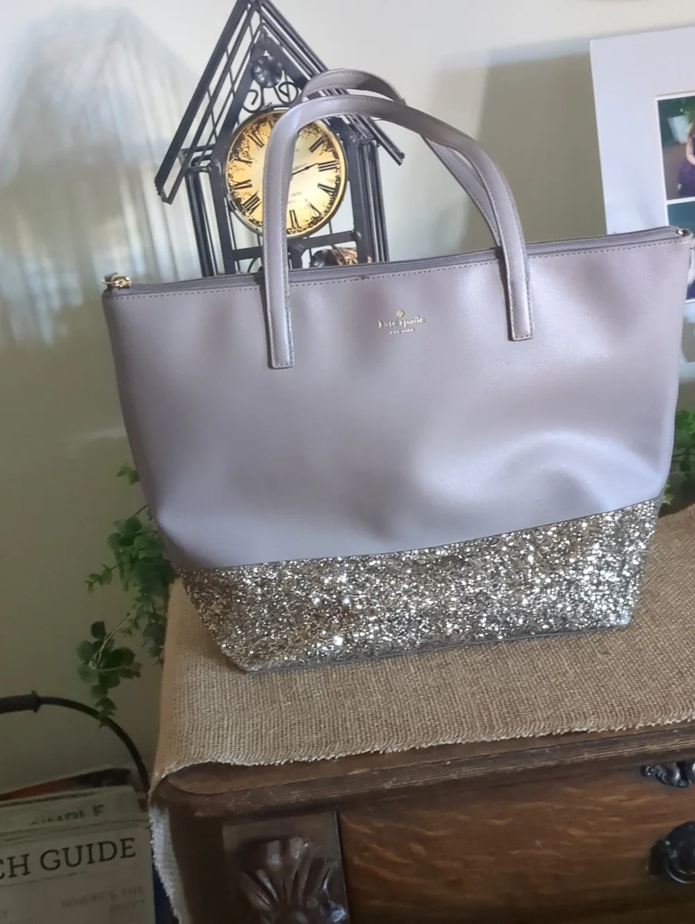 kate spade Gray Tote with Gold Glitter Base Accent